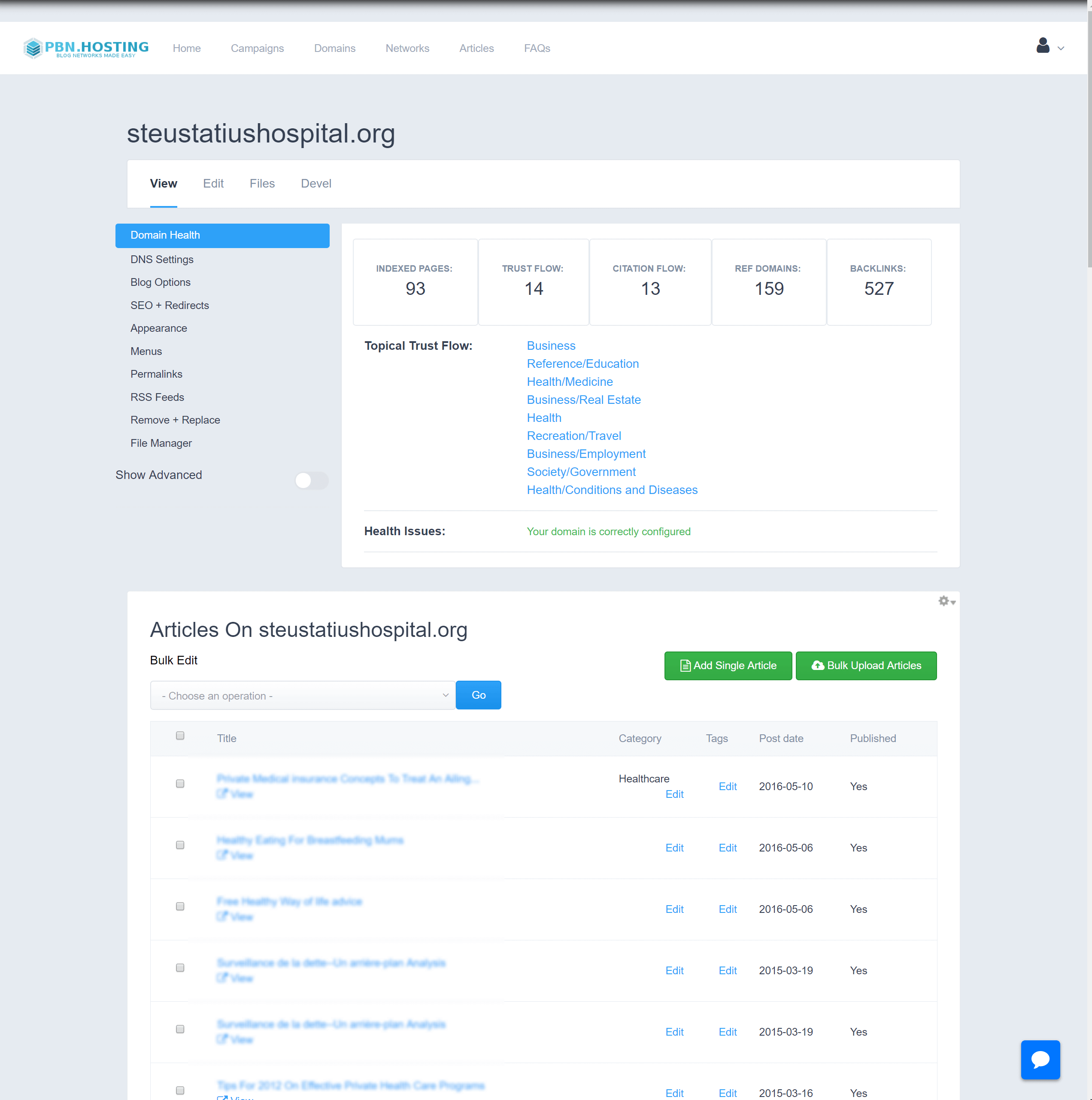 Domain Settings Page